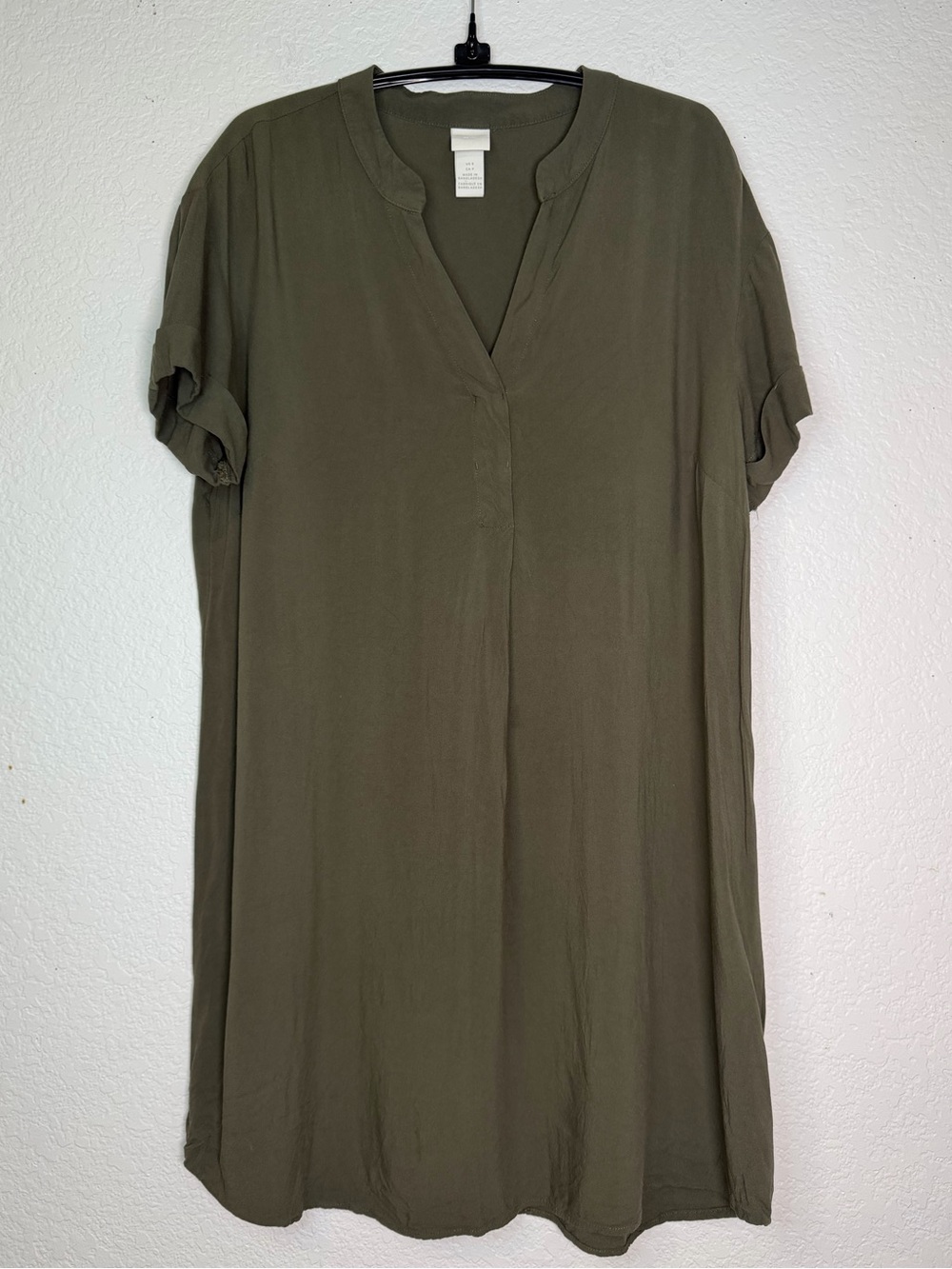 H&M Olive Green V-Neck Short Sleeve Tunic Shift Midi Dress, Size‎ S